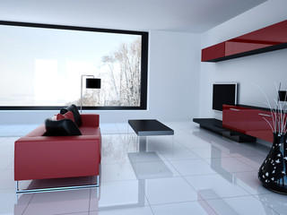 Modern white living room with red couch | 3d interior