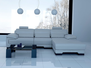 White Couch standing in white living room | 3d Interior