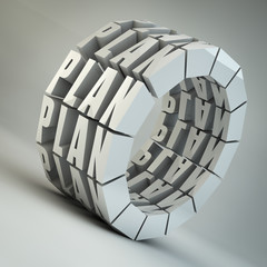 3d render of a wheel made of words plan.