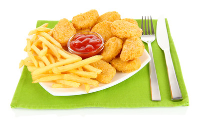 Fried chicken nuggets with french fries and sauce isolated