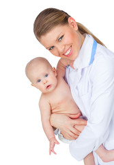 Vertical portrait of female doctor holding cute kid isolated