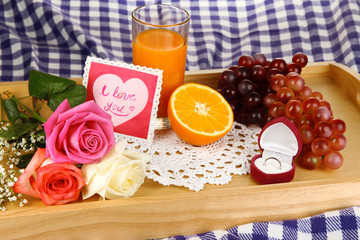 Breakfast in bed on Valentine's Day close-up