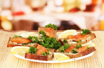 Salmon sandwich on plate,on bright background