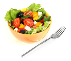 Tasty Greek salad isolated on white