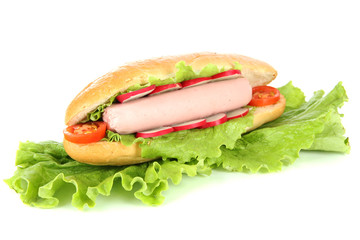 Tasty hot dog with vegetables isolated on white