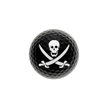 Black golf-ball with pirate-symbol isolated over white