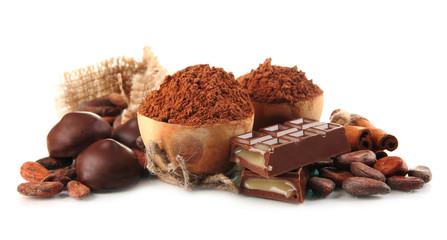 Composition of chocolate sweets, cocoa and spices, isolated