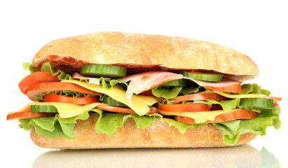 Fresh and tasty sandwich with ham and vegetables isolated