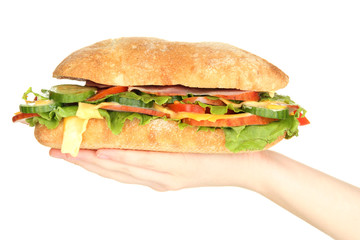 Fresh and tasty sandwich with ham and vegetables in hands