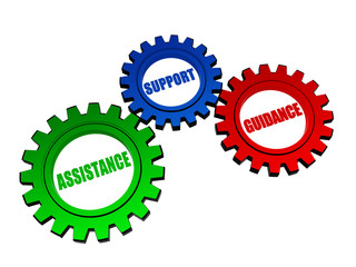 assistance, support, guidance in color gearwheels