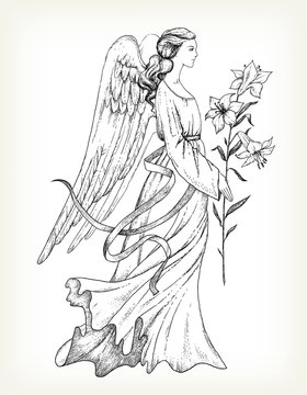 Hand drawn angel with lily