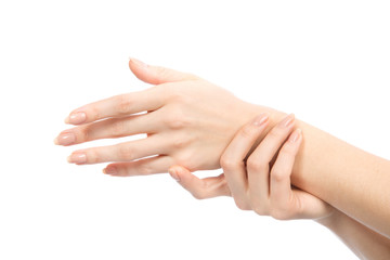 Beautiful woman hands with french manicure nails