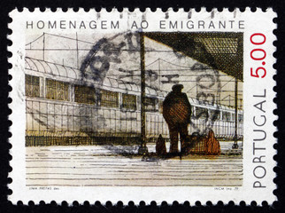 Postage stamp Portugal 1979 Emigrant at Railroad Station