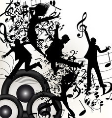 Conceptual music background with jumping silhouettes and notes © Mary fleur