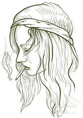 young woman, a little hippie-wearing, casually smoking