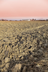 Plowed field red sky (Lomellina) springtime color image