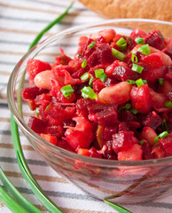 Beets, carrots, pickles, beans and onion salad known as Vinaigre