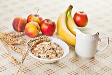 Bowl of muesli for breakfast with fruits