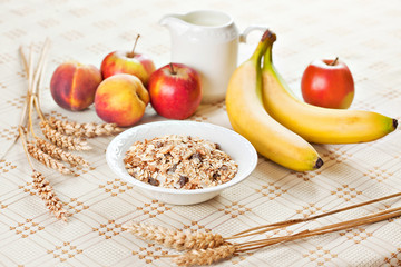 Bowl of muesli for breakfast with fruits