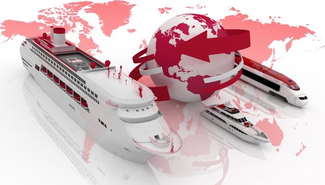Marine liner, yacht and train on background map of world.