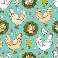 Easter seamless pattern with hen and nest