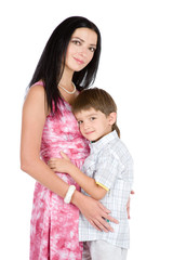 the son embraces mother. isolated on white