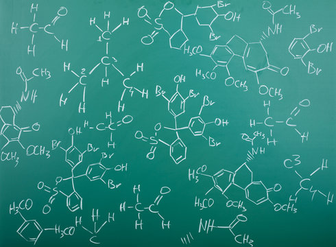 Organic chemical formulas on chalkboard