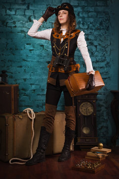 Steam punk girl with suitcase
