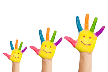Three colorful painted hands of mother, father, baby