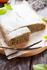 square cake with poppy seeds and orange zest