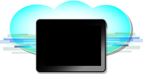 Black computer tablet with blue wireless cloud symbol
