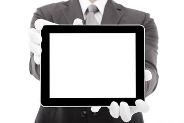 businessman holding tablet pc with blank screen