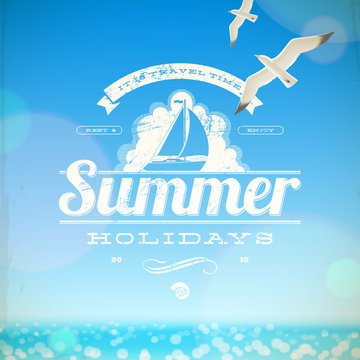 Summer holidays vector emblem with yacht and seagulls