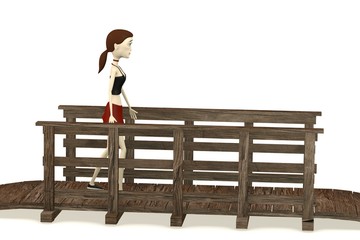 3d render of cartoon character walking on bridge