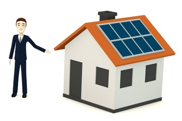 3d render of cartoon character with solar house