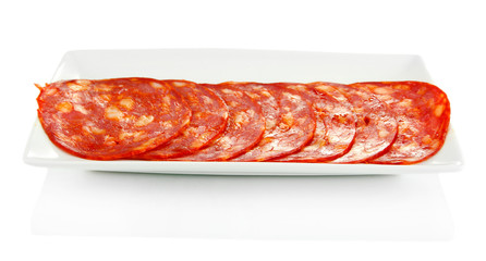 Salami slices on white plate, isolated on white