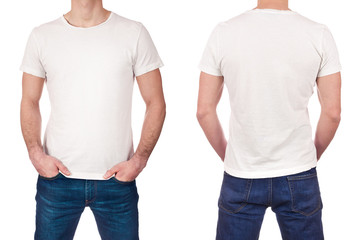 Front and back view of young man wearing blank white t-shirt
