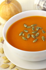 Pumpkin cream soup with pumpkin seeds