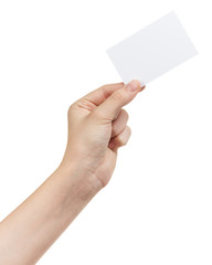 female teen hand holding blank card