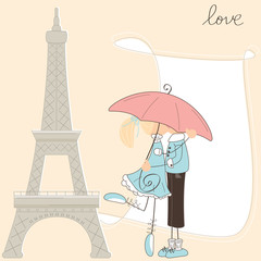 Girl kiss boy under umbrella in Paris