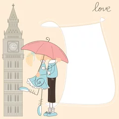 Papier Peint photo Doodle Girl kiss boy sous parapluie à Londres