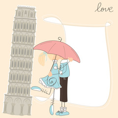 Girl kiss boy under umbrella in Italy