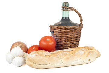 Old Decanter of Red Wine, Fresh Bread and Vegetables