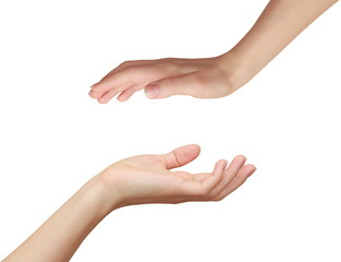 Two woman hands. Protecting and love concept isolated on white