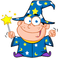 Happy Wizard Boy Waving With Magic Wand