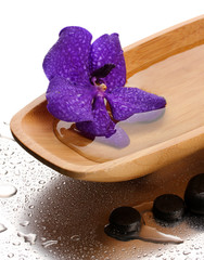Spa stones and purple flower in wooden bowl, on wet background