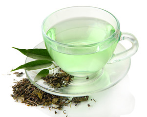 Transparent cup of green tea, isolated on white