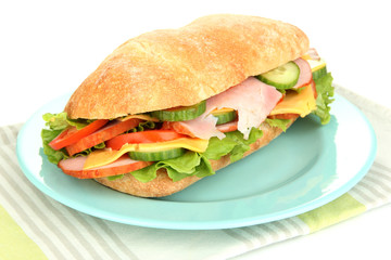 Fresh and tasty sandwich with ham and vegetables isolated