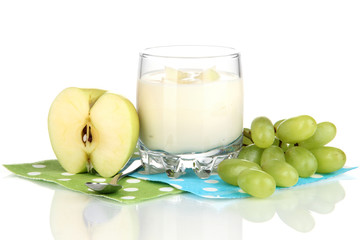 Delicious yogurt in glass with fruit isolated on white