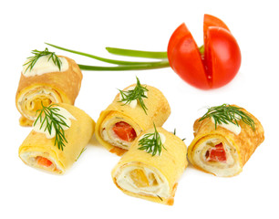Egg rolls with cheese cream and paprika,on plate, isolated
